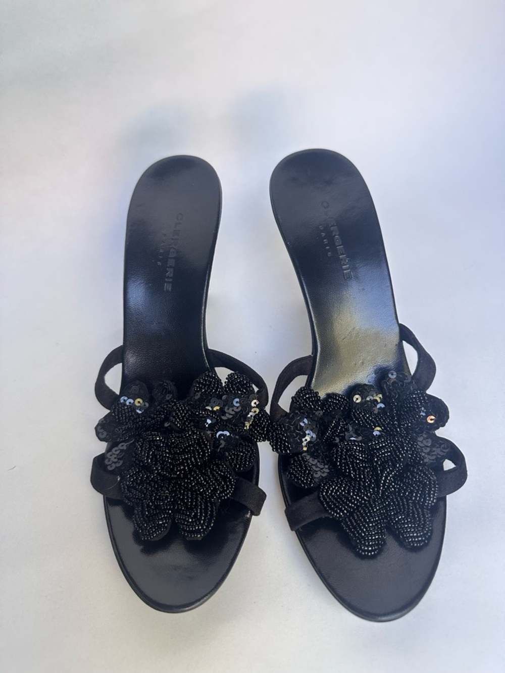 Black Beaded Floral Slide Heels - Women's Evening Sandals